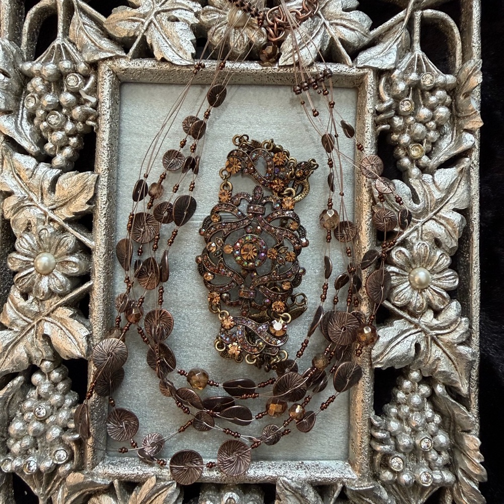 Chico’s Bronze 4 Strand Necklace & Vintage VCLM Bejeweled Bronze? Bracelet